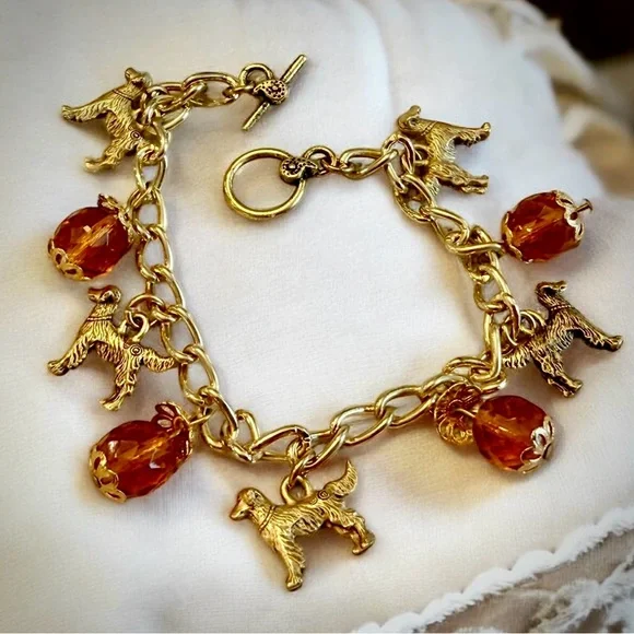 Vintage Gold Charm Bracelet Dogs Amber Beads Toggle Clasp Whimsical Equestrian - Picture 1 of 6